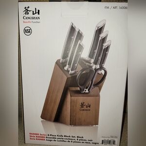 Cangshan Rainier Series German Steel Forged 8 piece knife Acacia block set Black